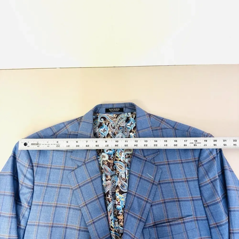 Sam Surin Blazer Jacket 2 Button Blue Plaid Size 50L Biella Italy Wool Fabric